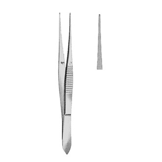 Пинцет деликатный хирургический прямой с шириной рабочей части 0.5 мм и длиной 105 мм. 09-455-01