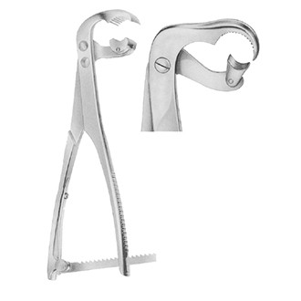 Зажим-костодержатель Ламбота изогнутый по ребру для захватывания и удержания трубчатых костей (16 мм) с реечным фиксатором дл. 260 мм.